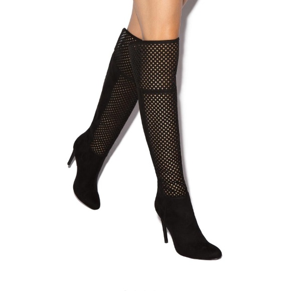 NIB Black Laser-cut Faux Suede Over The Knee Boots - Picture 5 of 12